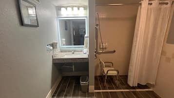 Une salle de bain équipée d’un lavabo, d’un miroir, d’une douche et d’un accès pour fauteuil roulant.