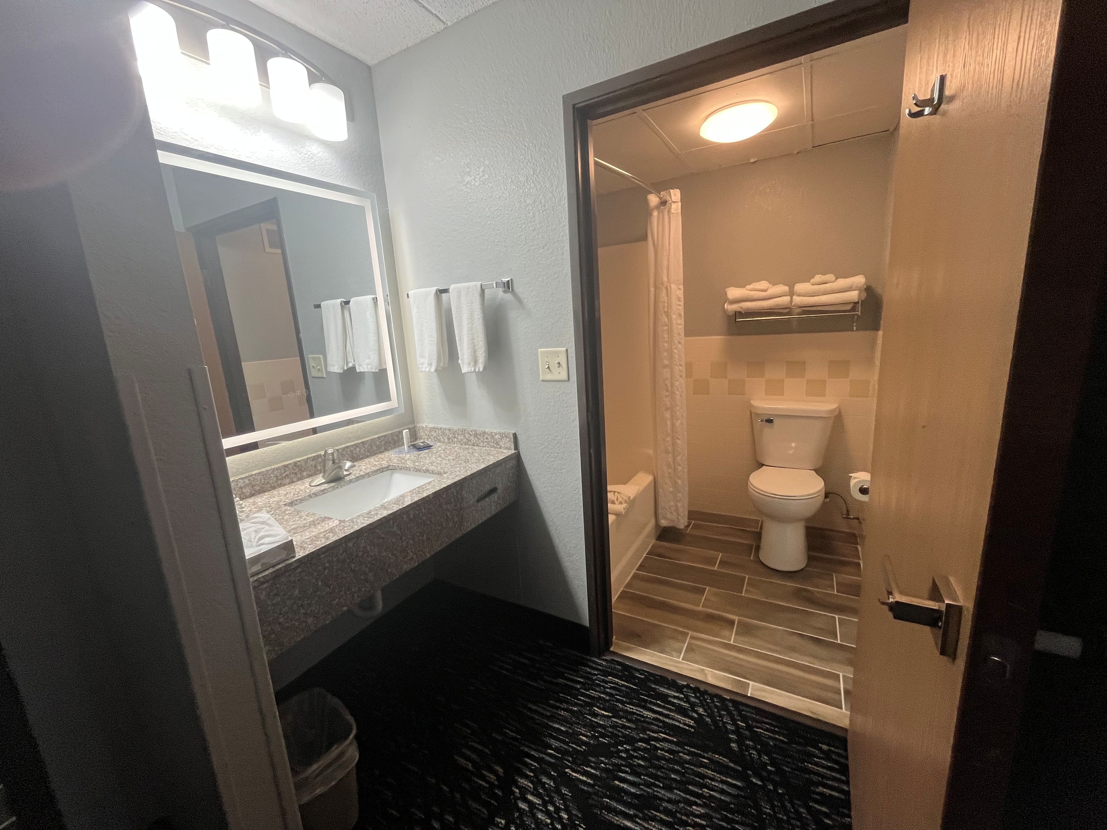 A bathroom with a sink, mirror, and toilet.
