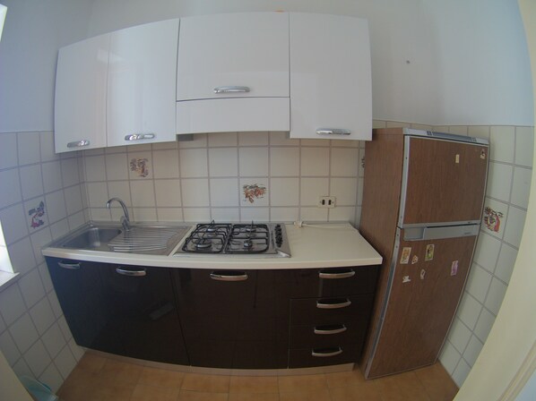 A compact kitchen with a gas stove, a sink, dark cabinets, and a refrigerator. - Residence Mareblu (Nocera Terinese)