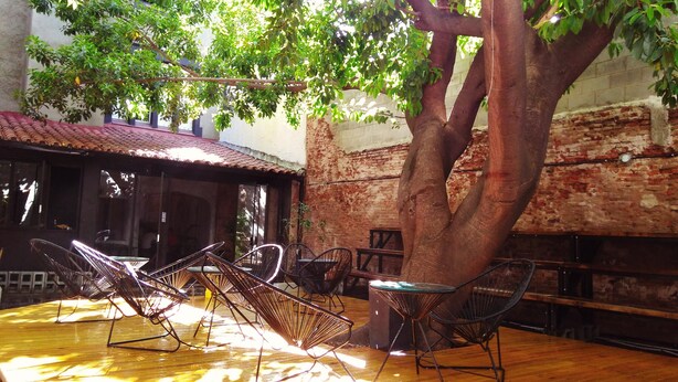 An outdoor seating area with tables and chairs under a large tree, surrounded by brick walls and a tiled roof. - Art Factory Beer Garden - Hostel (Buenos Aires)