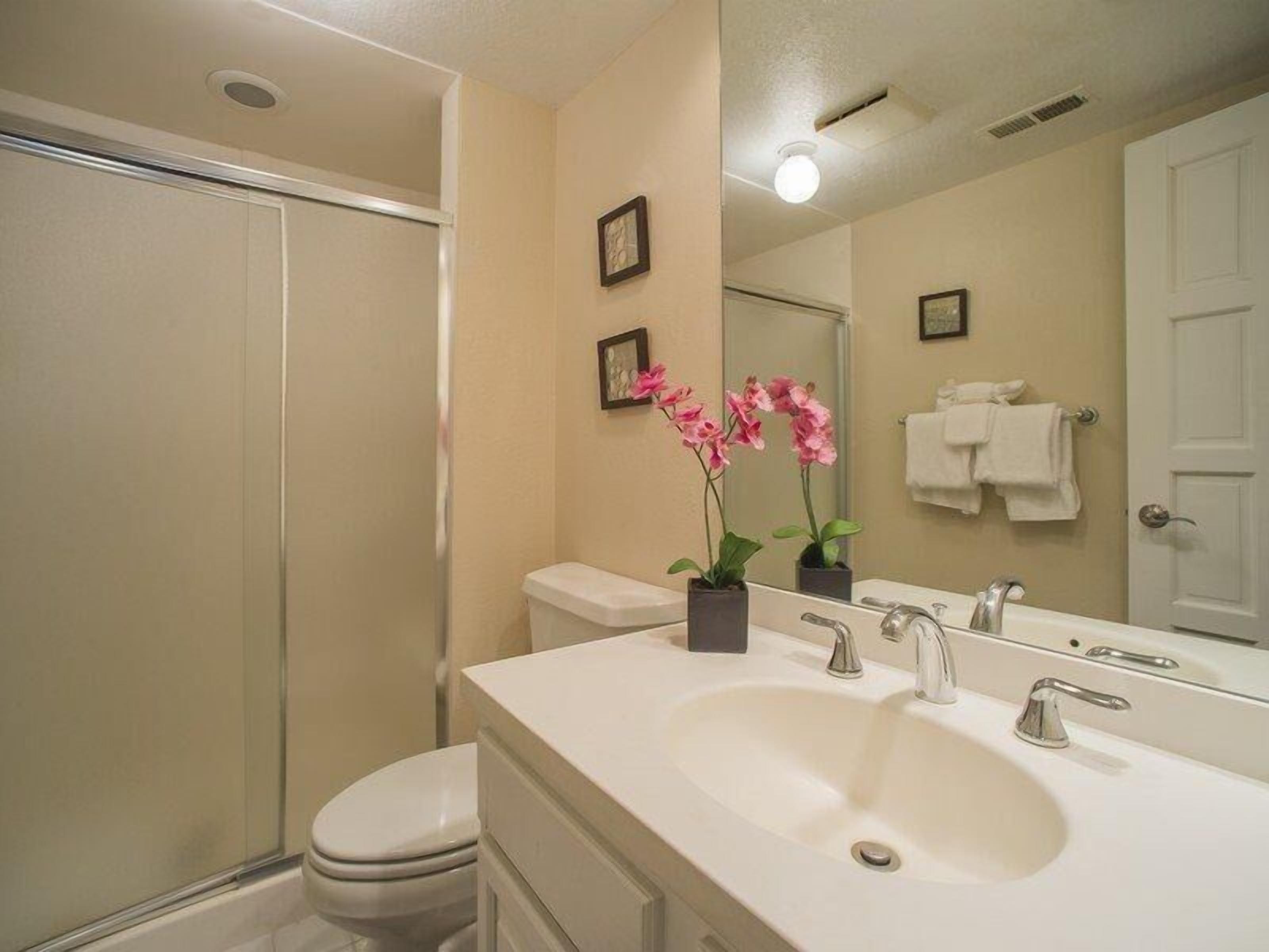 Un baño con un lavamanos blanco, dos grifos, un inodoro y una ducha. Hay dos pequeñas macetas con flores rosadas sobre el mueble del lavamanos.