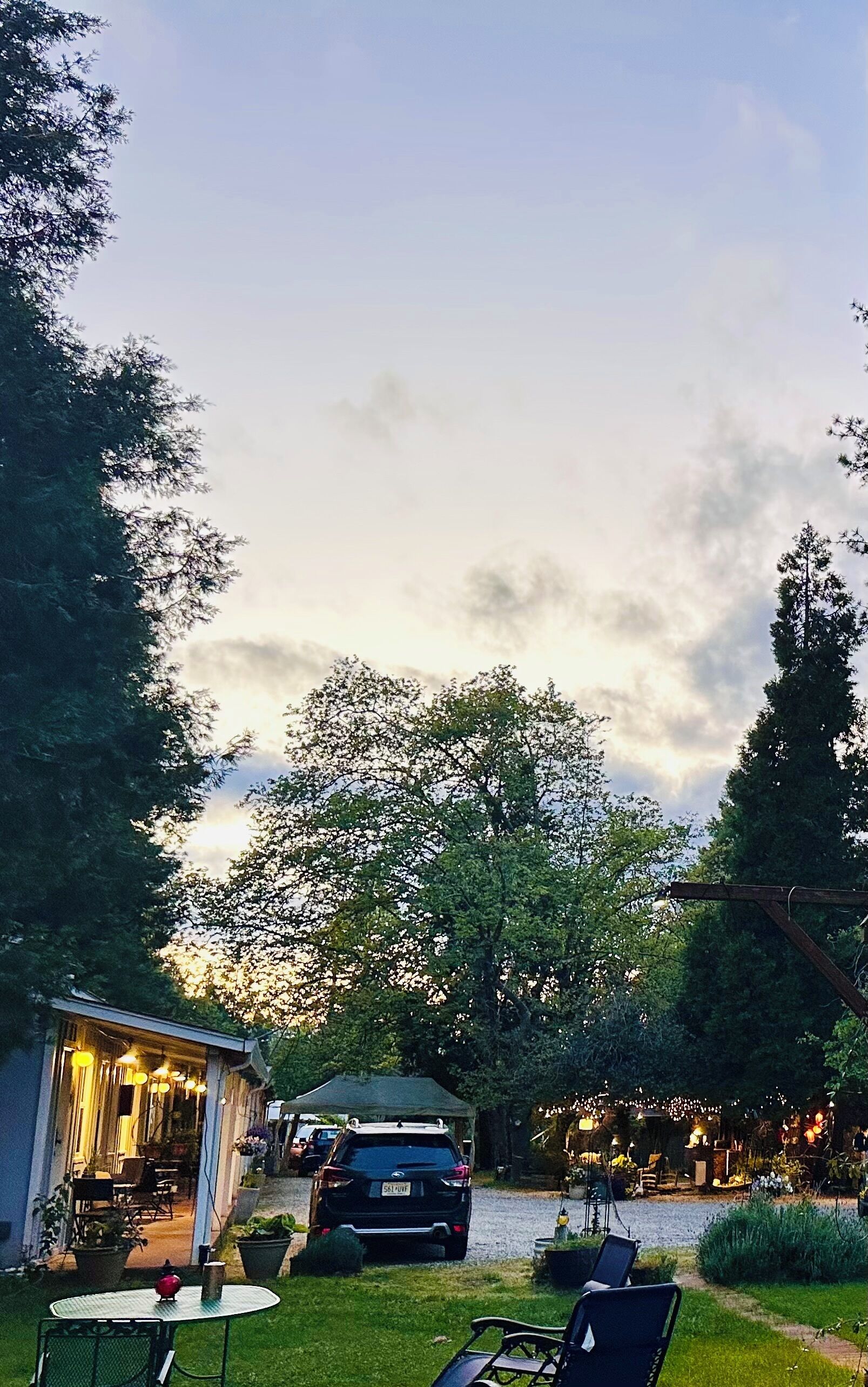 Ein Garten mit einem geparkten Auto im Vordergrund, ein kleines Gebäude mit Lichtern auf der linken Seite und ein großer Baum im Hintergrund.