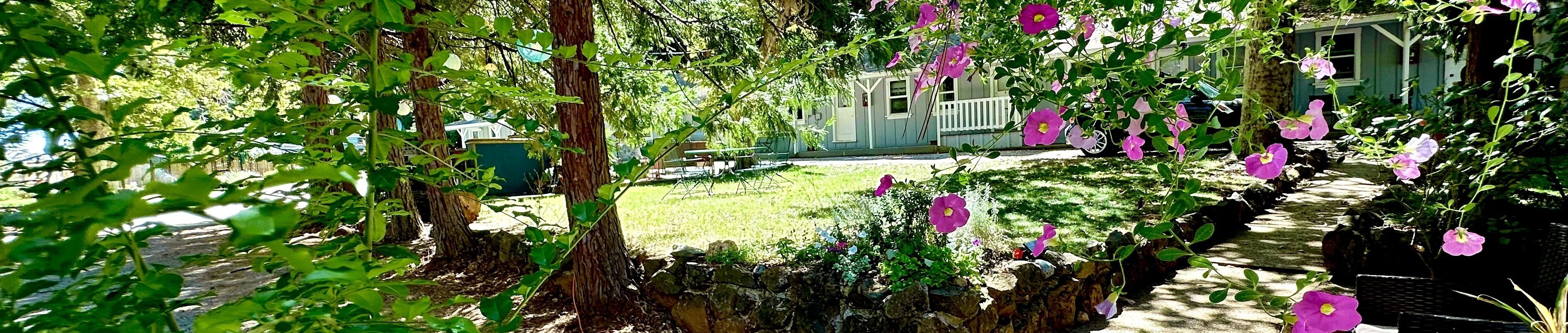 A garden with a stone wall, a wooden deck, and a house in the background.