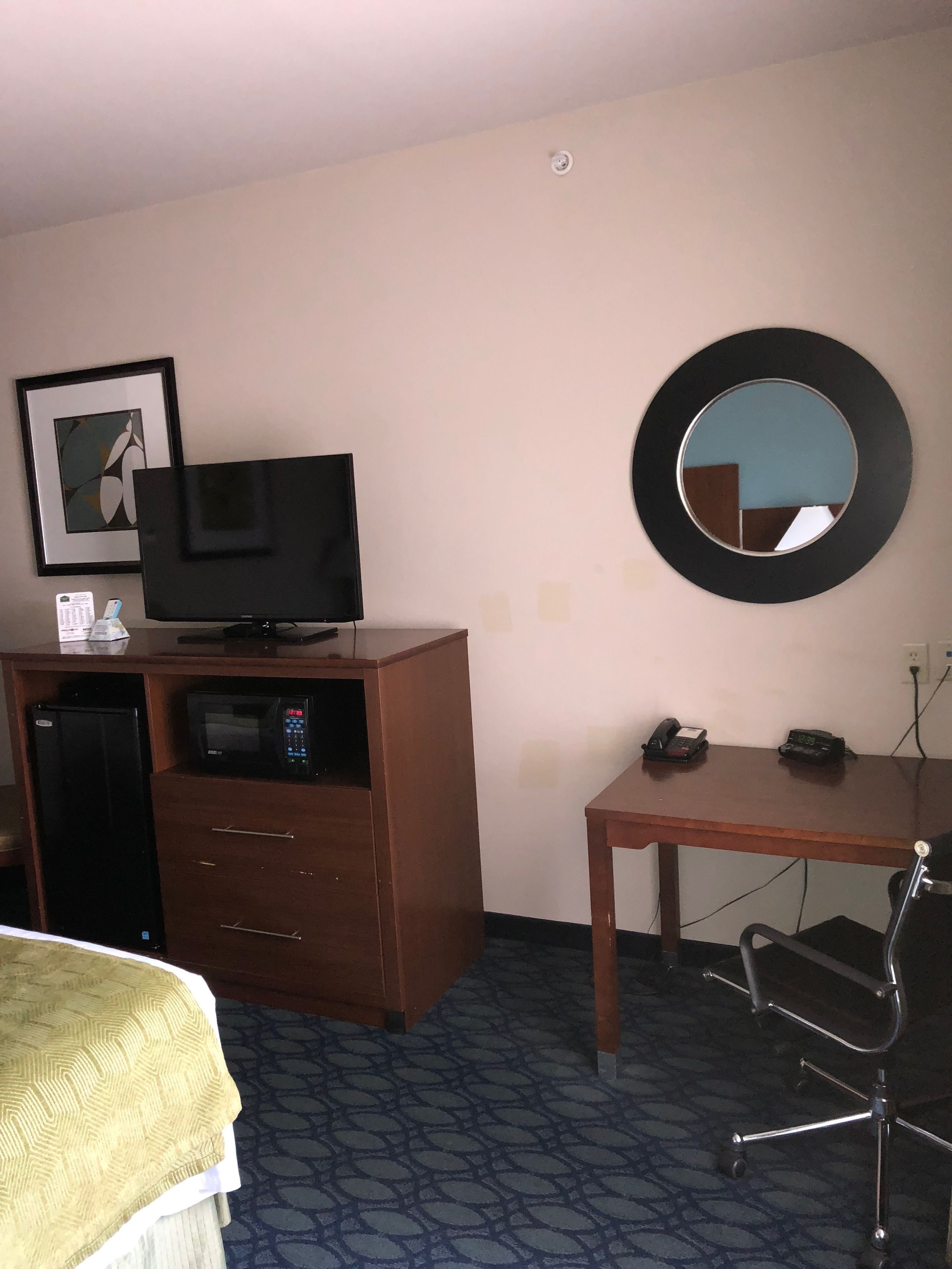 A hotel room with a bed, a desk with a chair, a television, a microwave, a refrigerator, a mirror, and a framed picture on the wall.