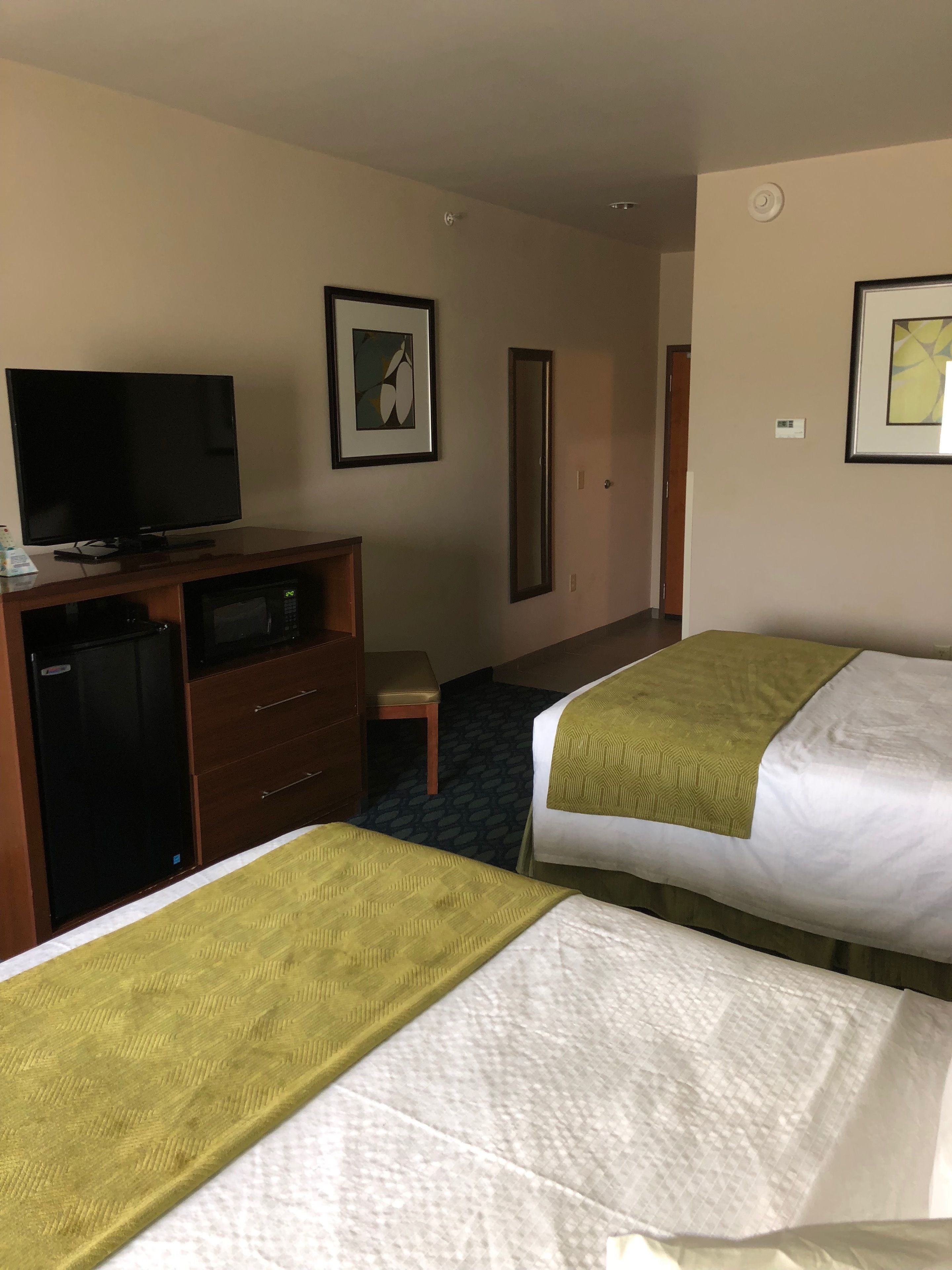 A hotel room with two beds, a television, a minibar, and a desk.