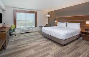 A hotel room with a large bed, a desk, a chair, a TV, a window with a view, and a heater.
