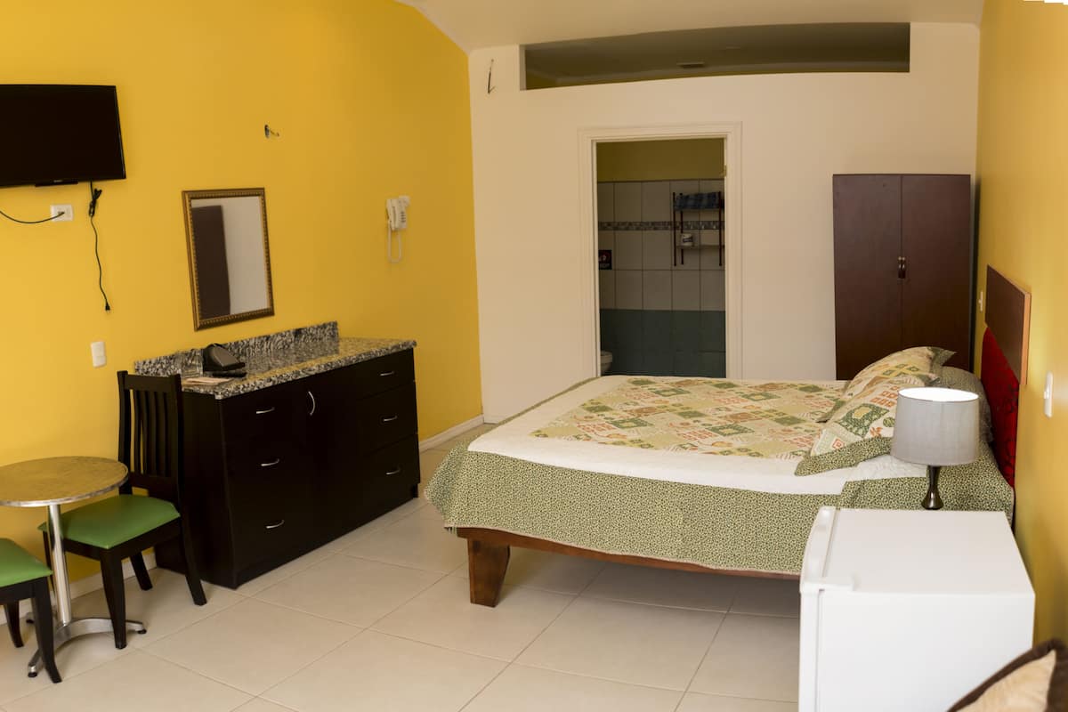 A compact bedroom with a bed, a desk, a chair, a TV, and a small kitchenette.