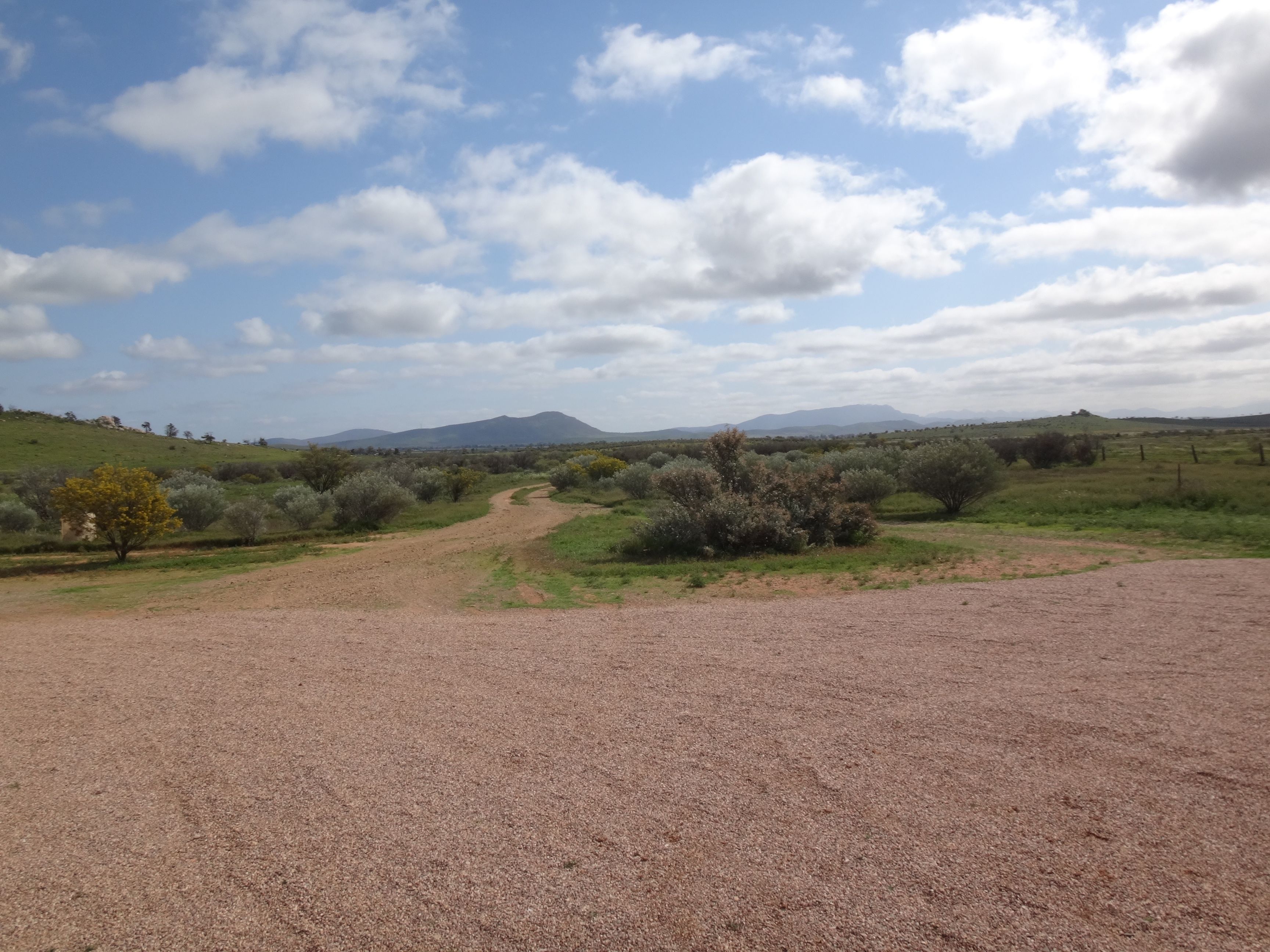 A gravel path leading through a dry, open landscape with sparse vegetation and distant mountains under a partly cloudy sky.