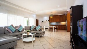 A modern living room with a grey sofa, a coffee table, and a TV.