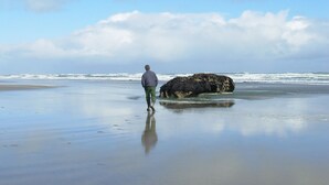 Iemand loopt over een strand met een grote rots in het water.