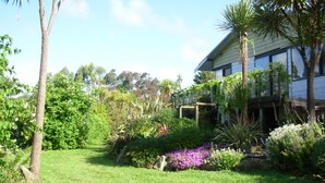 Een weelderige tuin met diverse planten en bomen, een houten pergola en een modern gebouw met grote ramen.