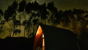 Een vakantiehuis met een schuin dak en een klein terras.