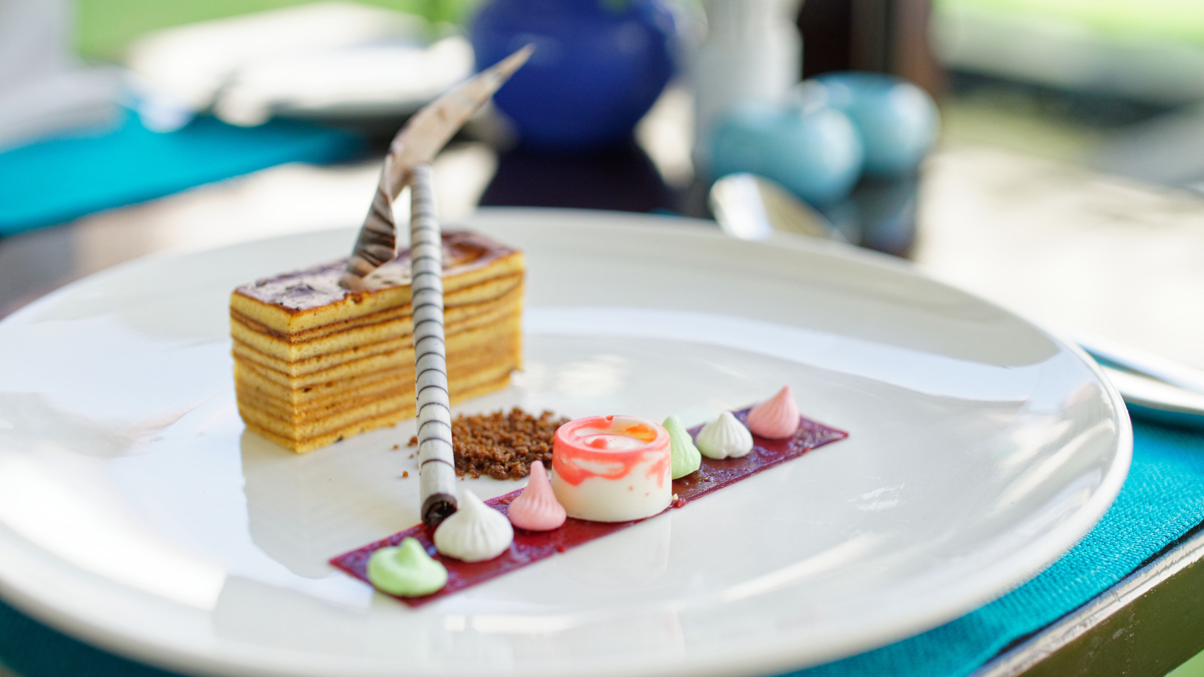 A dessert plate with a layered cake, piped cream, and decorative elements.