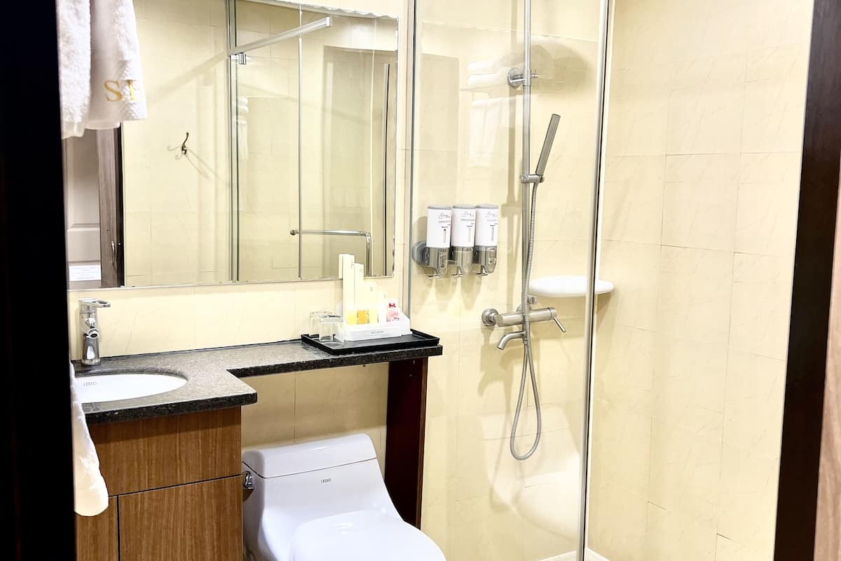 shower, free toiletries, hair dryer, bathrobes