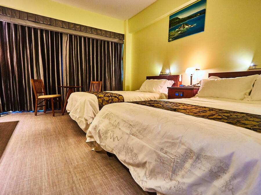 Habitación de hotel con dos camas, un escritorio y una silla.