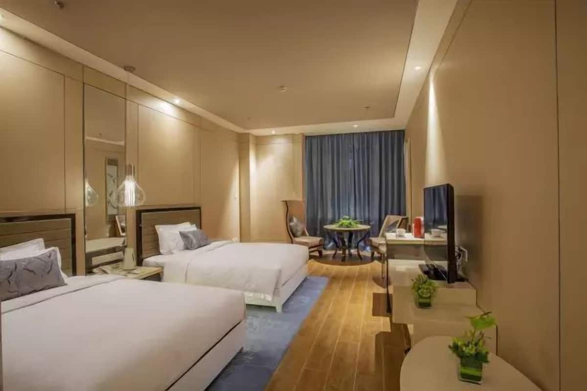 Quarto de hotel com duas camas, uma escrivaninha, uma cadeira, uma TV e uma pequena mesa com plantas.