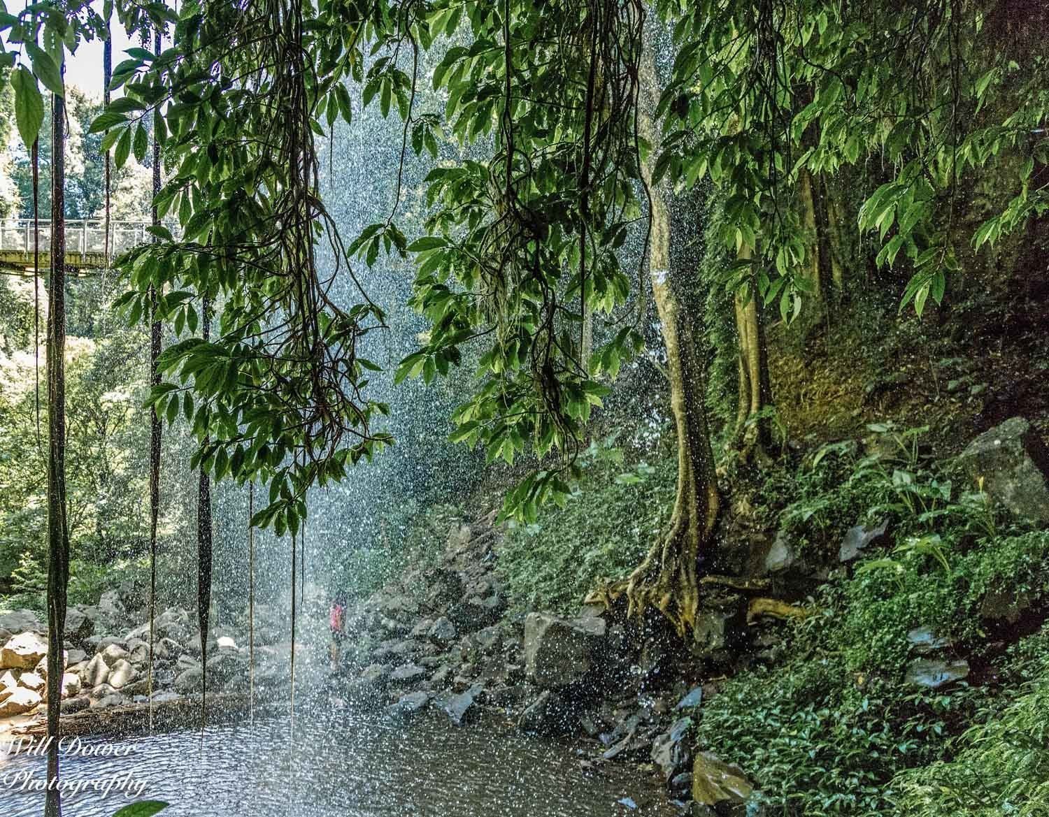 Une cascade naturelle, entourée d’une végétation luxuriante et d’un paysage rocheux.