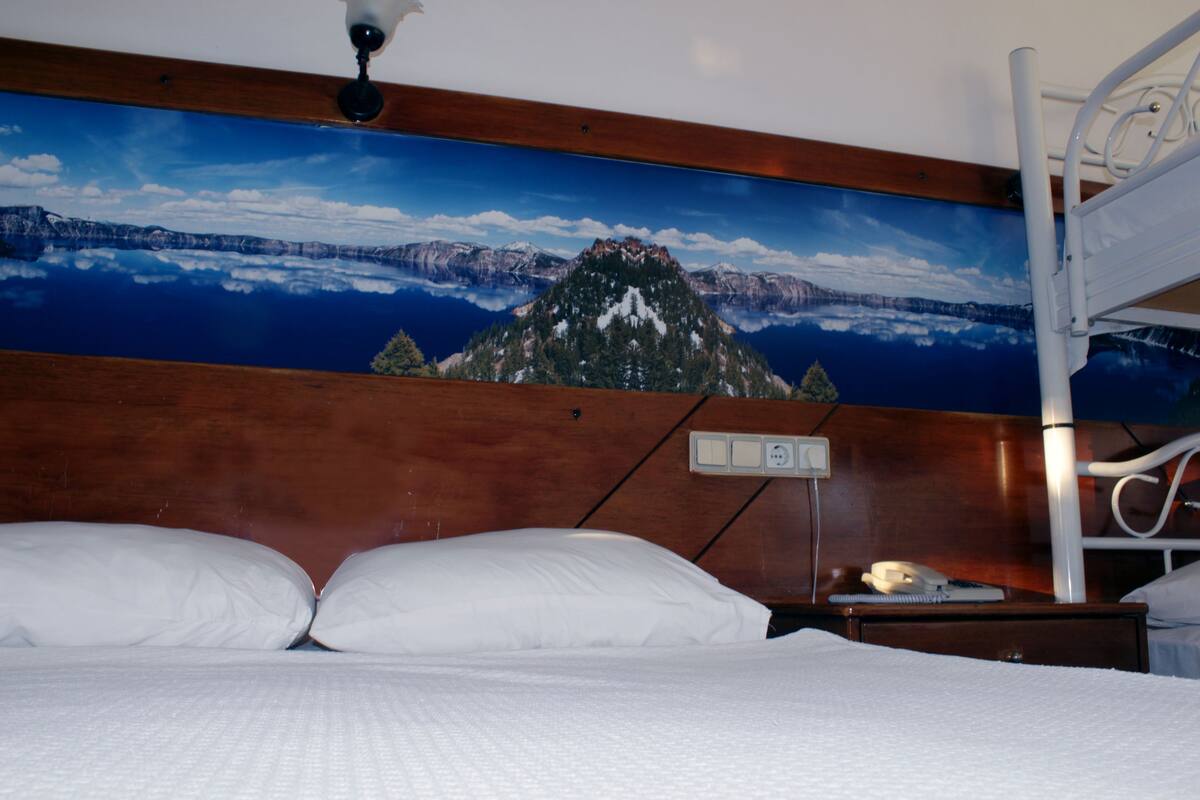 A hotel room with a bunk bed, a large mountain landscape painting on the wall, and a wooden headboard.