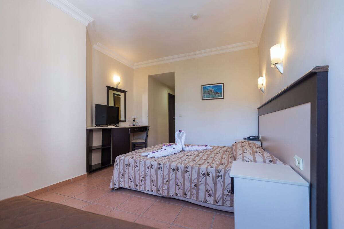 Une chambre d’hôtel avec un lit, un bureau avec une télévision, un miroir et un tableau au mur.