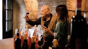 Une personne tenant un verre de vin, entourée de bouteilles de vin dans une pièce aux murs de briques et dotée d’une fenêtre.