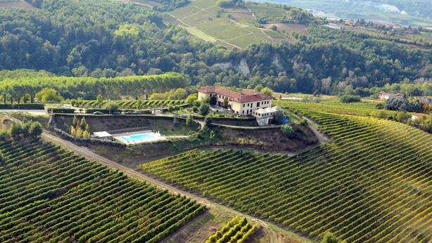 Un vaste domaine doté d’une piscine, entouré de rangées de vignes, et comprenant un bâtiment imposant avec un toit rouge.