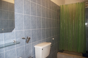 A bathroom with a toilet, a glass shelf, and a shower curtain. - Joy Family Lodge (Amasaman)