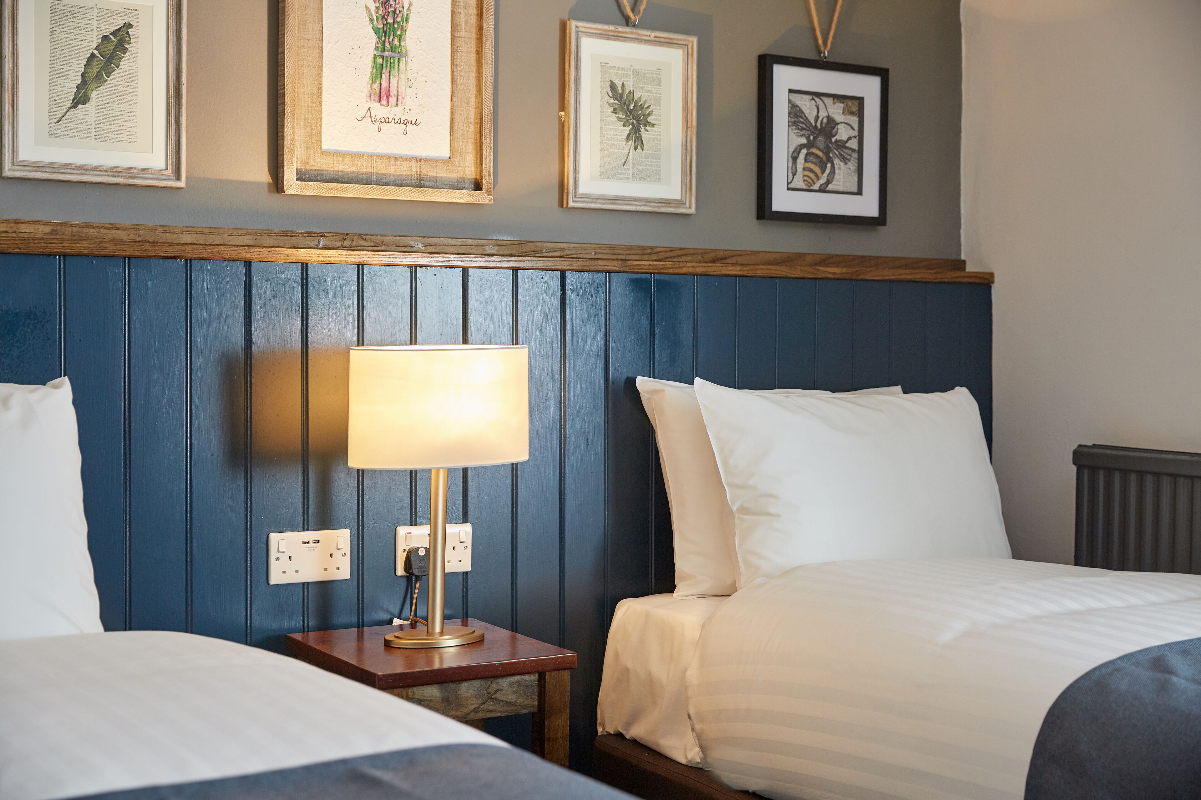 Habitación de hotel con dos camas, cabecero de madera, mesita de noche con lámpara e impresiones botánicas enmarcadas en la pared.