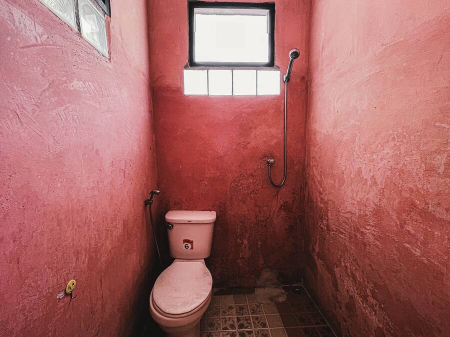 A small, narrow bathroom with pink walls, a toilet, a window, and a shower.