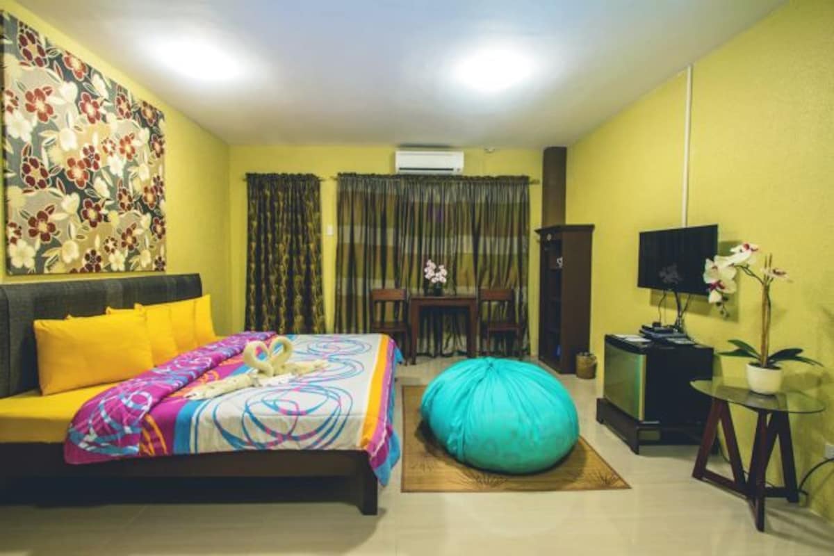 Un dormitorio con una cama, un sillón de mimbre, un televisor, una mesita pequeña y una planta en maceta.