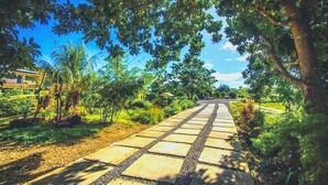 Un camino empedrado que atraviesa un exuberante jardín con árboles y plantas.