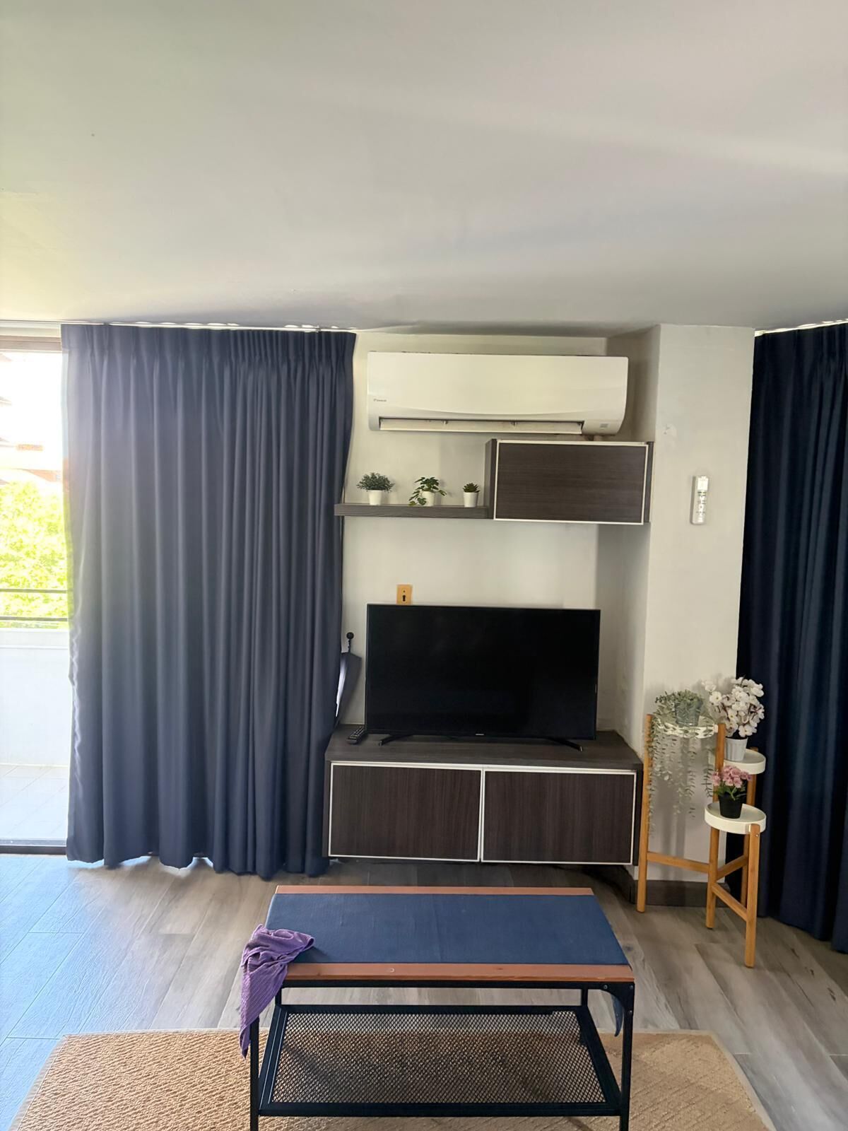 Una sala de estar moderna con televisor de pantalla plana, un sofá, una mesa de centro y una mesita auxiliar con una planta.