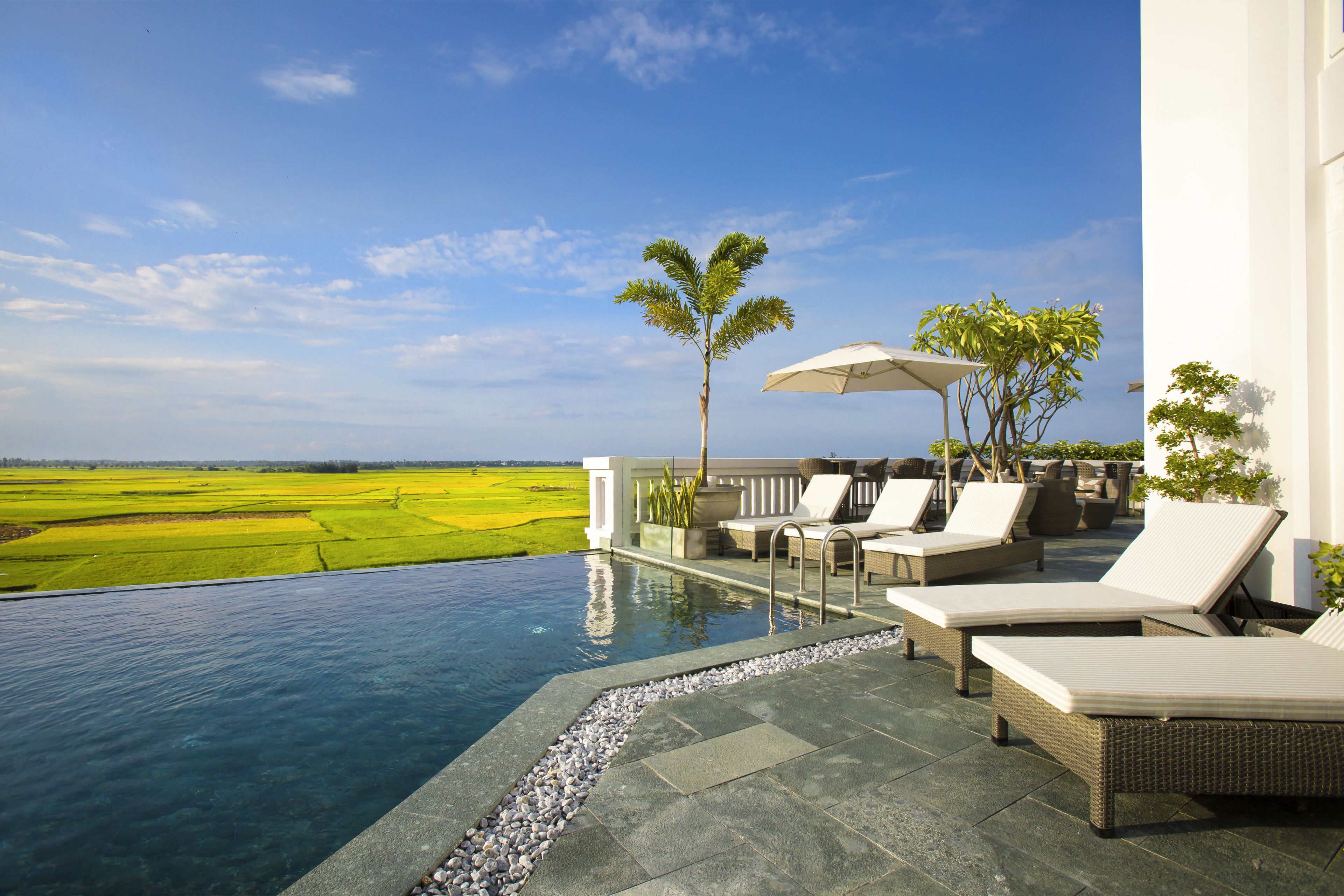 outdoor pool, pool umbrellas, pool loungers