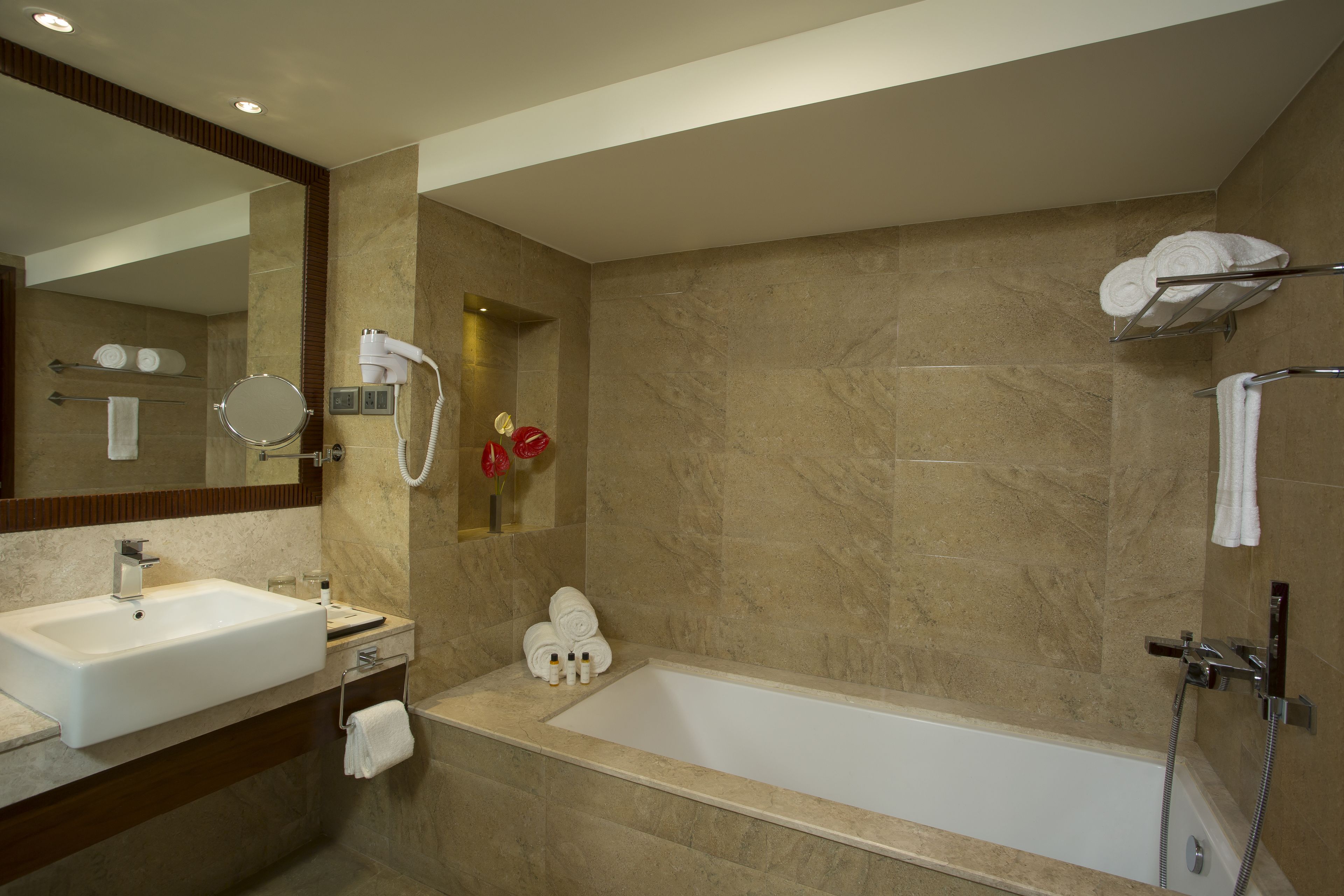 shower, free toiletries, slippers, towels