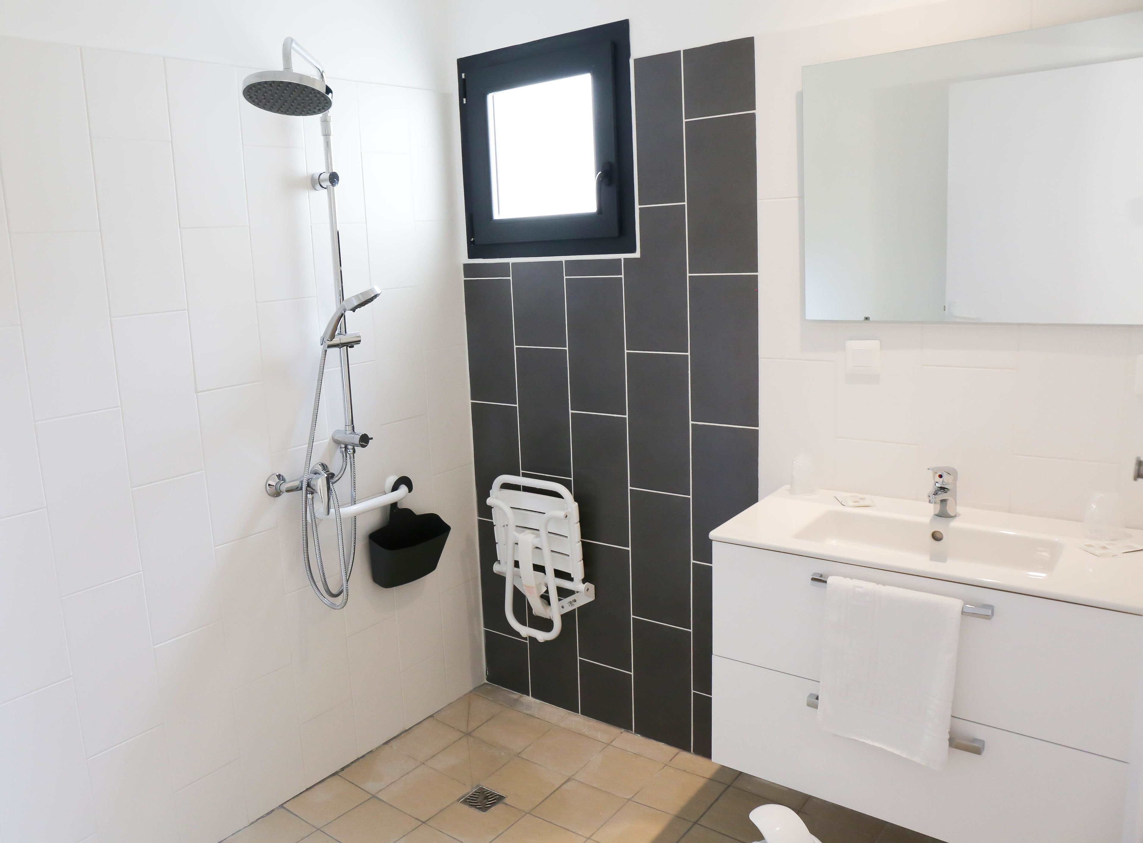 shower, rainfall showerhead, towels