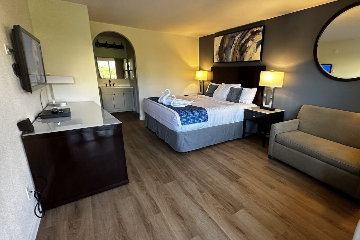 Camera d'albergo con un letto, una scrivania, una sedia, uno specchio e una televisione.