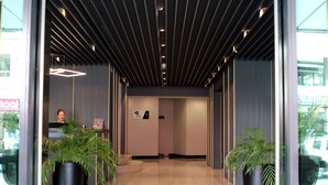 Un espace d’accueil moderne, doté d’un comptoir de réception, de plantes en pot et d’un mur en verre.