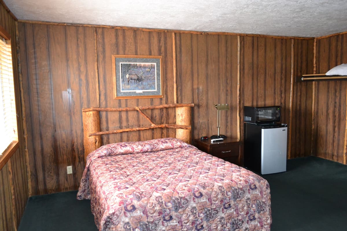 A wooden-paneled room with a bed, a framed picture on the wall, a small desk with a microwave, and a refrigerator.