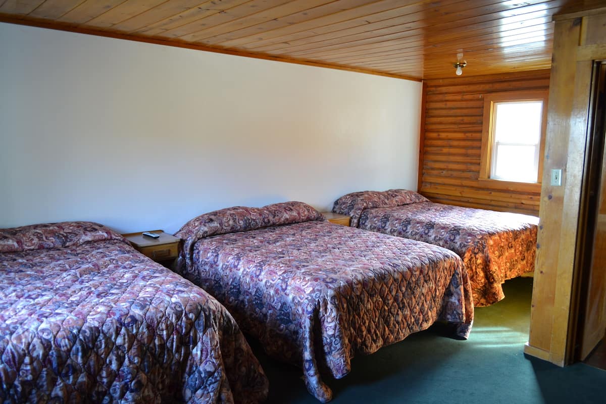 A room with three beds, wooden walls, and a window.