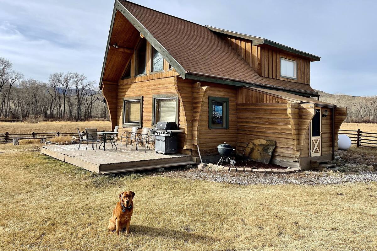 A log cabin with a deck, outdoor grill, and a dog in the yard.