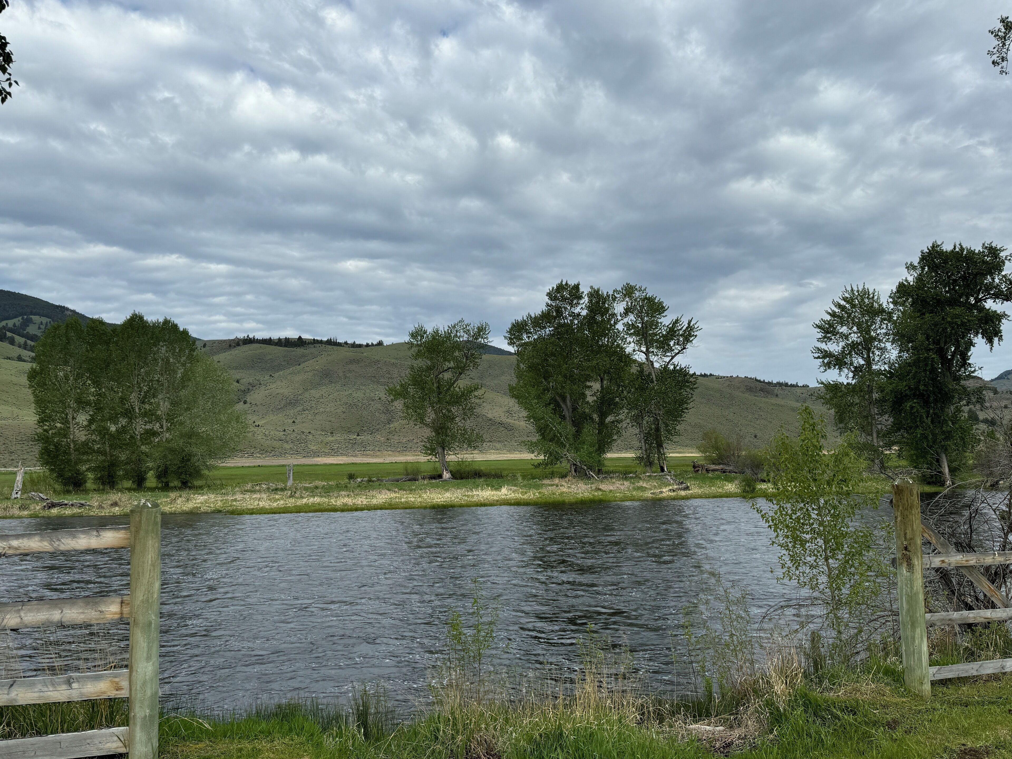Ein ruhiger See, umgeben von Bäumen und Hügeln.