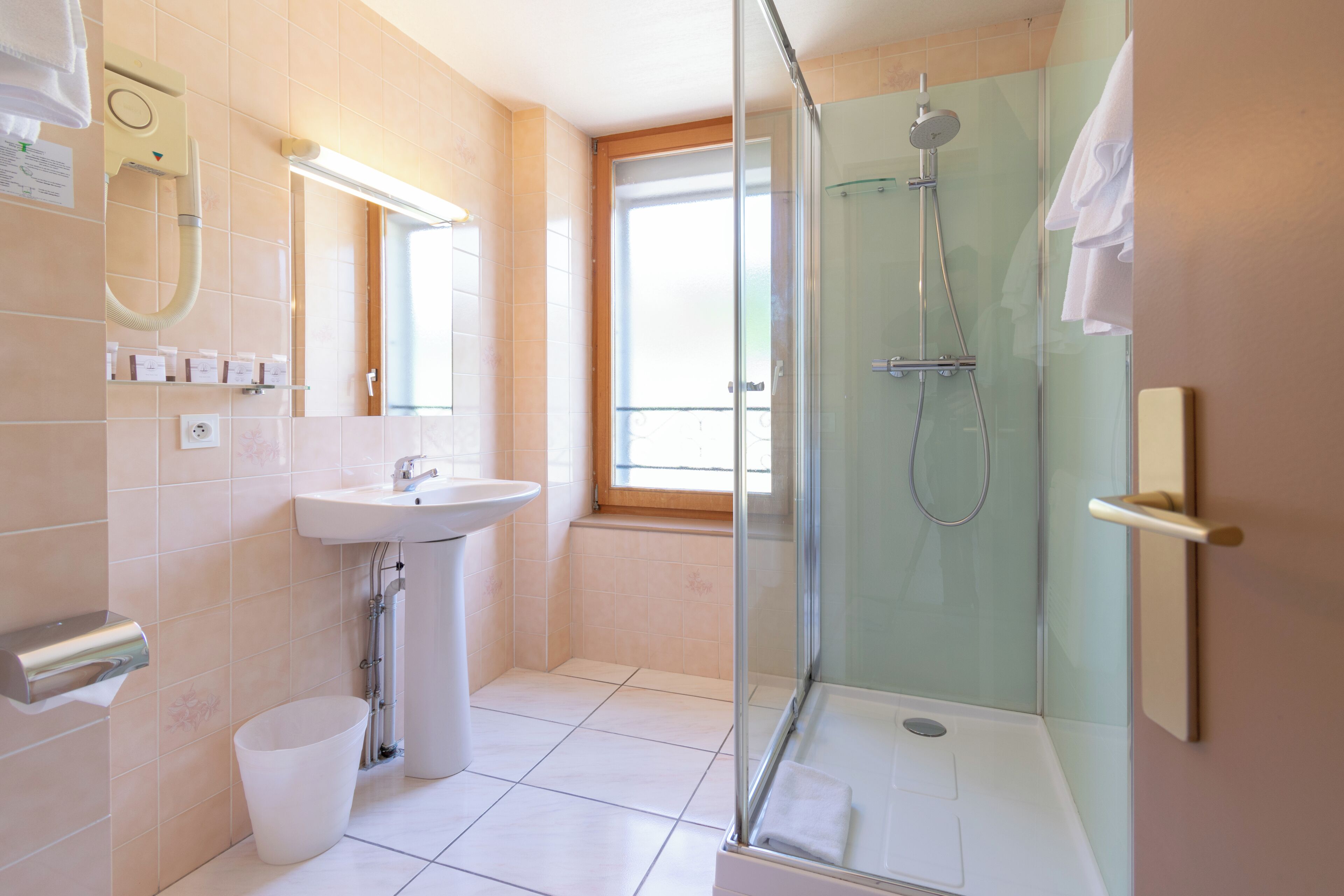 shower, free toiletries, hair dryer, towels