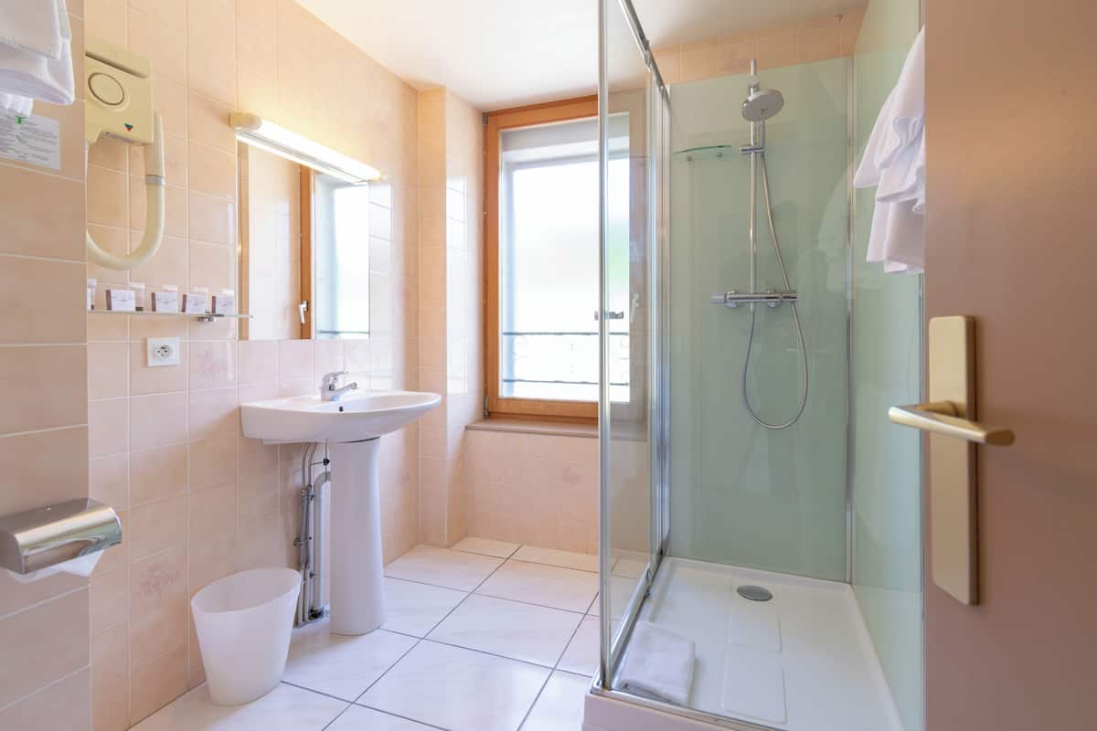 shower, free toiletries, hair dryer, towels