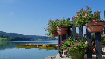 Blick auf einen See mit bunten Booten an Land und Kübeln mit rosa Blüten.