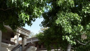 A courtyard with a picnic table, a staircase, and a tree. - Premier Inns Thousand Oaks (Thousand Oaks)
