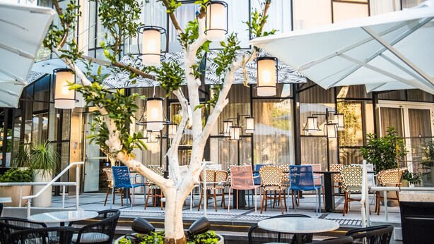 An outdoor seating area with tables and chairs, surrounded by potted plants and trees. - 65 Hotel, Rothschild Tel Aviv - an Atlas Boutique Hotel (Tel Aviv)