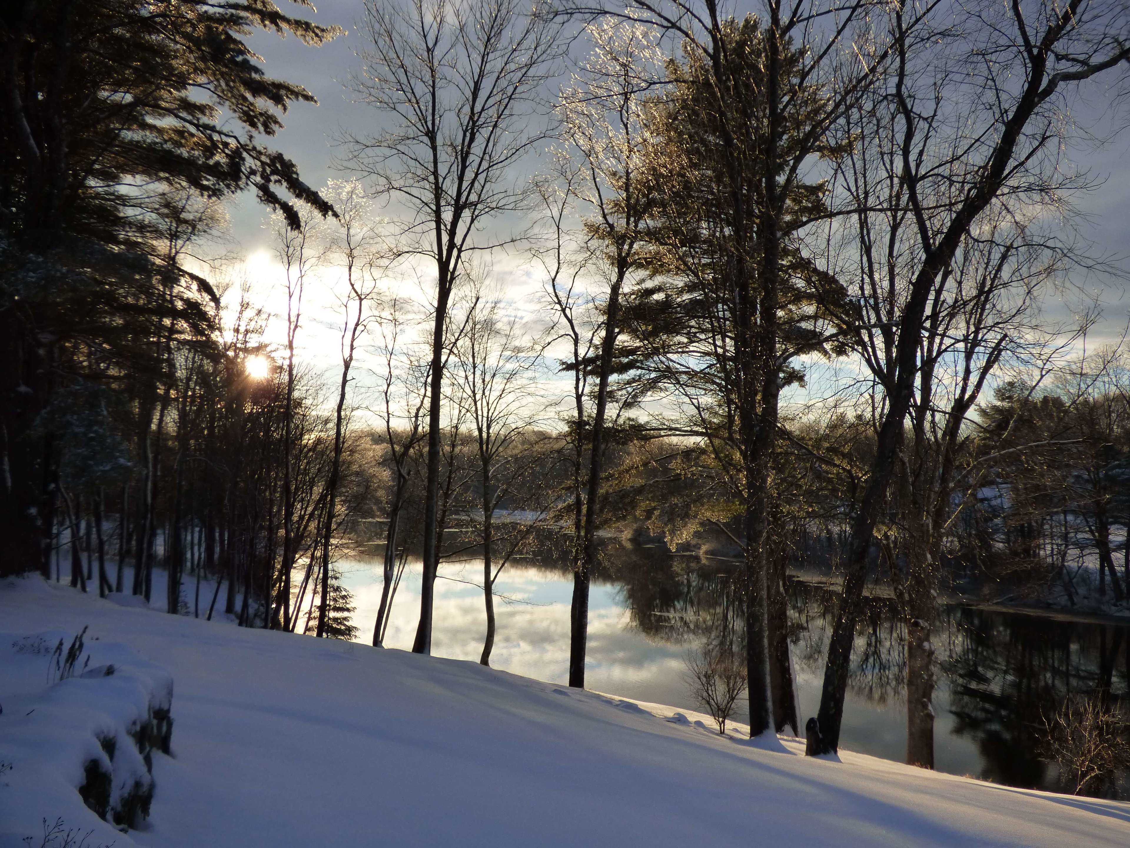 A snowy landscape with trees and a body of water reflecting the sun.