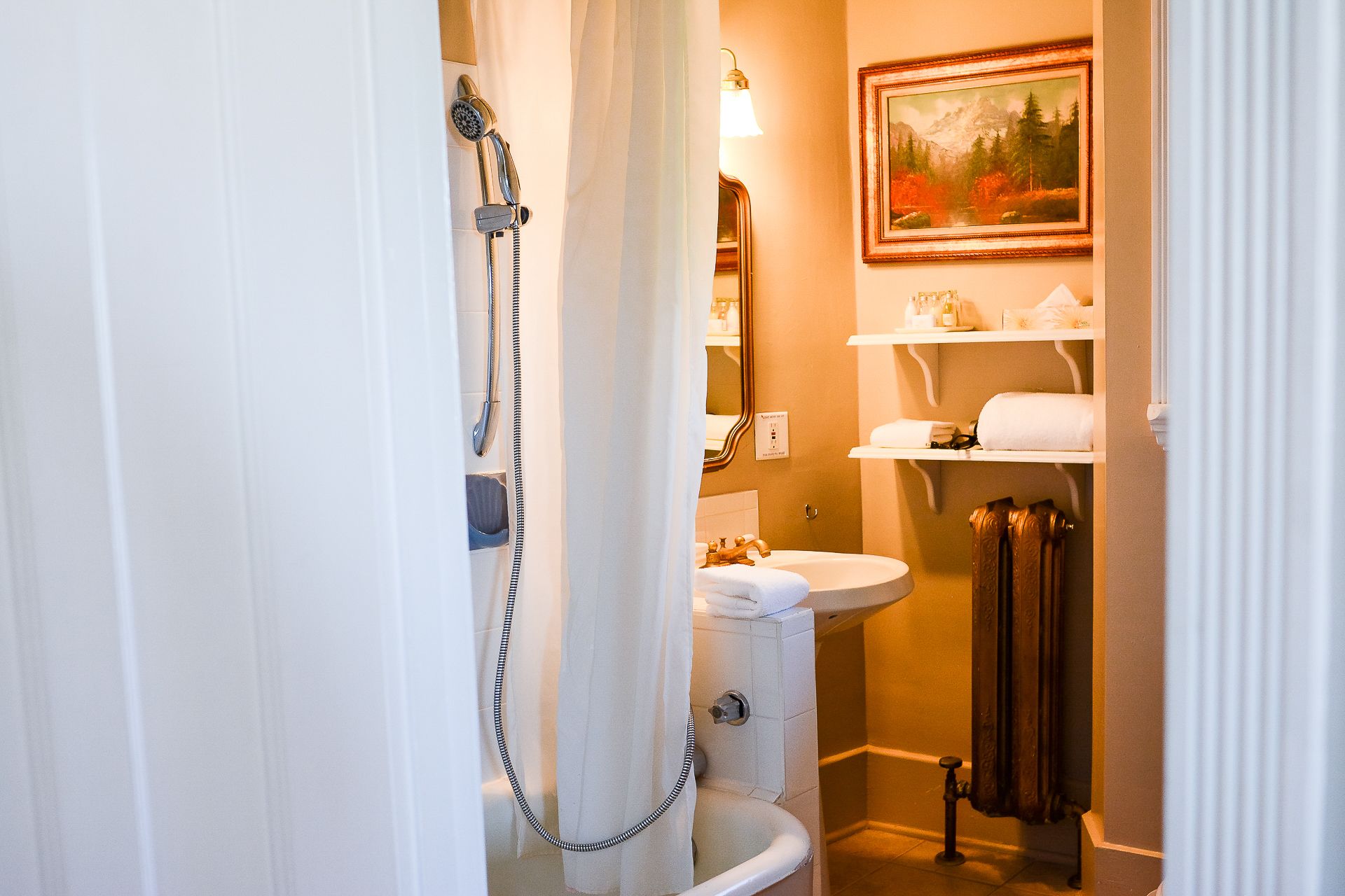 A bathroom with a shower, toilet, sink, and a radiator. There is a painting on the wall and shelves with towels.