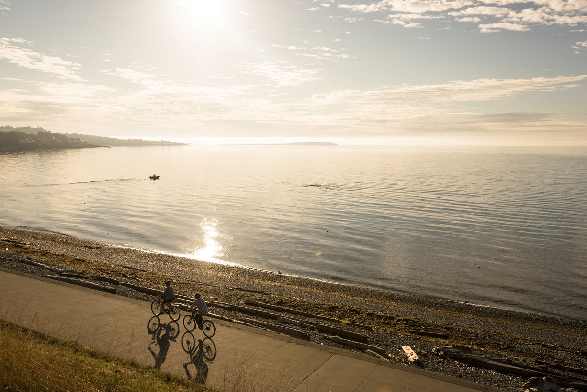 A coastal scene with a paved path alongside a calm body of water, a distant shoreline, and a boat in the water.