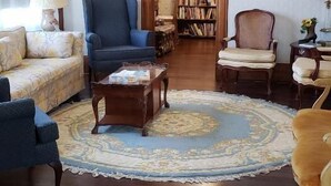 Una sala de estar con un sillón azul, un sofá, una mesa de centro y un tapete estampado. Se observa una estantería con libros y una araña.