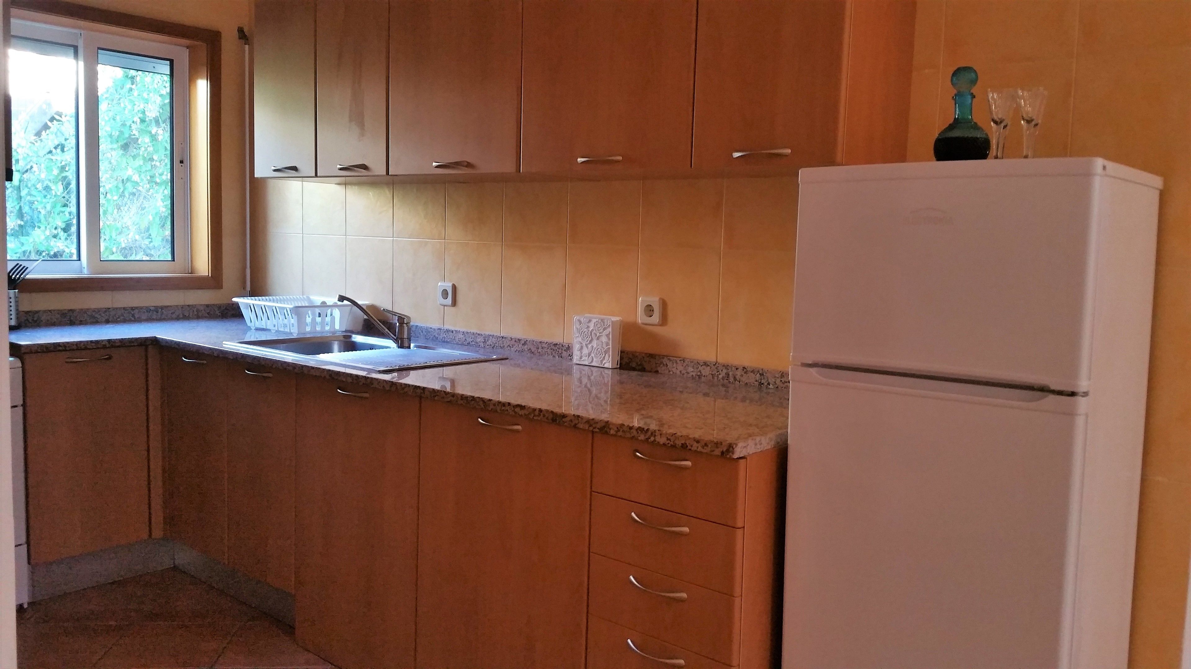 A kitchen with wooden cabinets, a white refrigerator, and a window with a view of greenery.